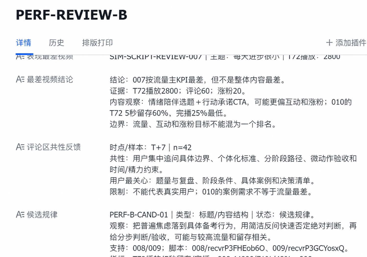 数据复盘记录截图，展示表现结论、评论区共性反馈和候选规律，不含具体日期。