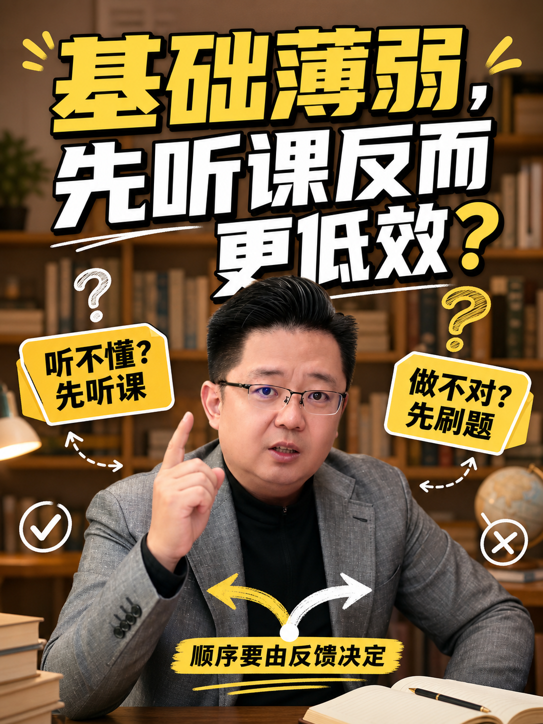 被分析的短视频封面，主题为基础薄弱、先听课反而更低效。